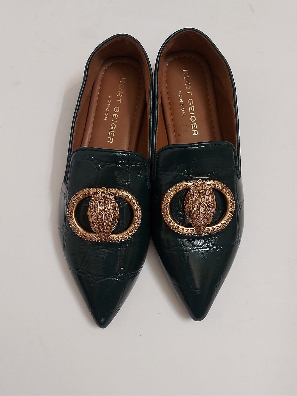 Kurt Geiger Forest Green Pointed Toe Loafers with Gold Emblem